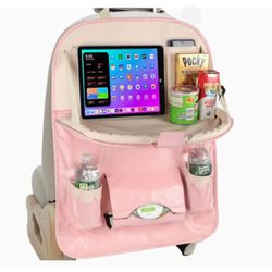 Pink back seat organizer for kids, road trip essentials, ipad holder for car backseat, baby storage organizer, kids console cup holder, car snack tray