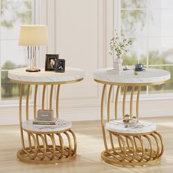 Tribesigns Gold Round End Table: 2 Tiers Side Table Set of 2 with Storage Shelf, Modern White Gold Bedside Nightstand, Metal Faux Marble Accent Table 