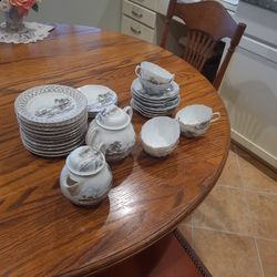 Vintage Japanese Porcelain Tea Set Featuring Kutani Porcelain With Hand Painted Pagoda Landscape Scenes