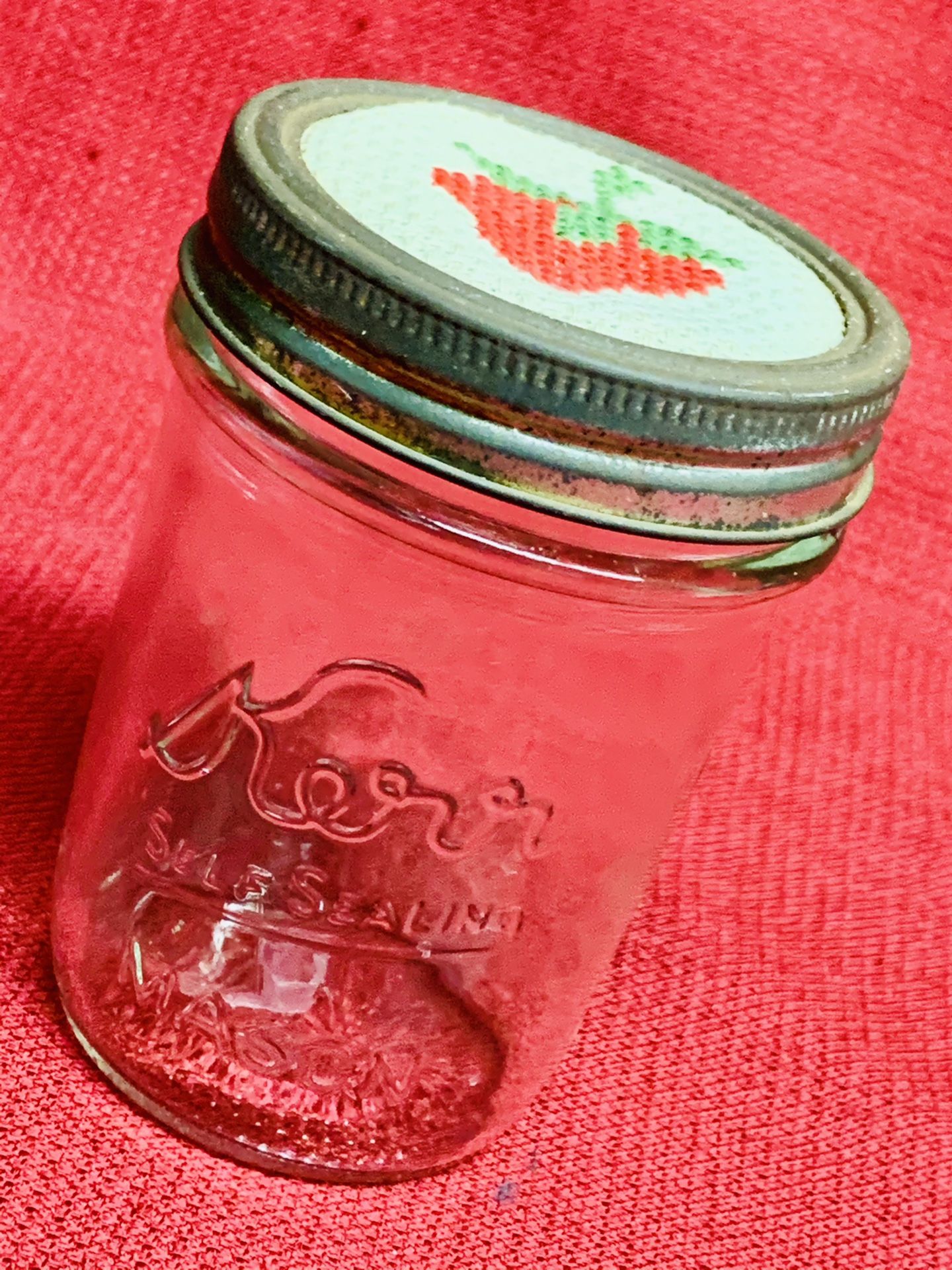 Vintage KERR SELF-SEALING Clear Wide Mouth MASON Jar Strawberry Cross-Stitch 4”Tall