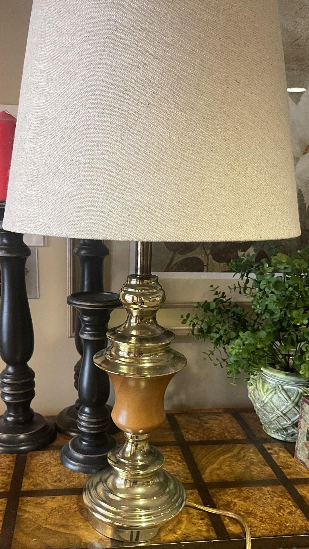 Mid Century Modern Brass And Wooden Table Lamp