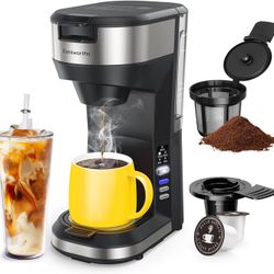 Hot and Iced Coffee Maker for K Cups and Ground Coffee, 4-5 Cups Coffee Maker and Single-serve Brewers, with 30Oz Removable Water Reservoir, 6 to 24Oz