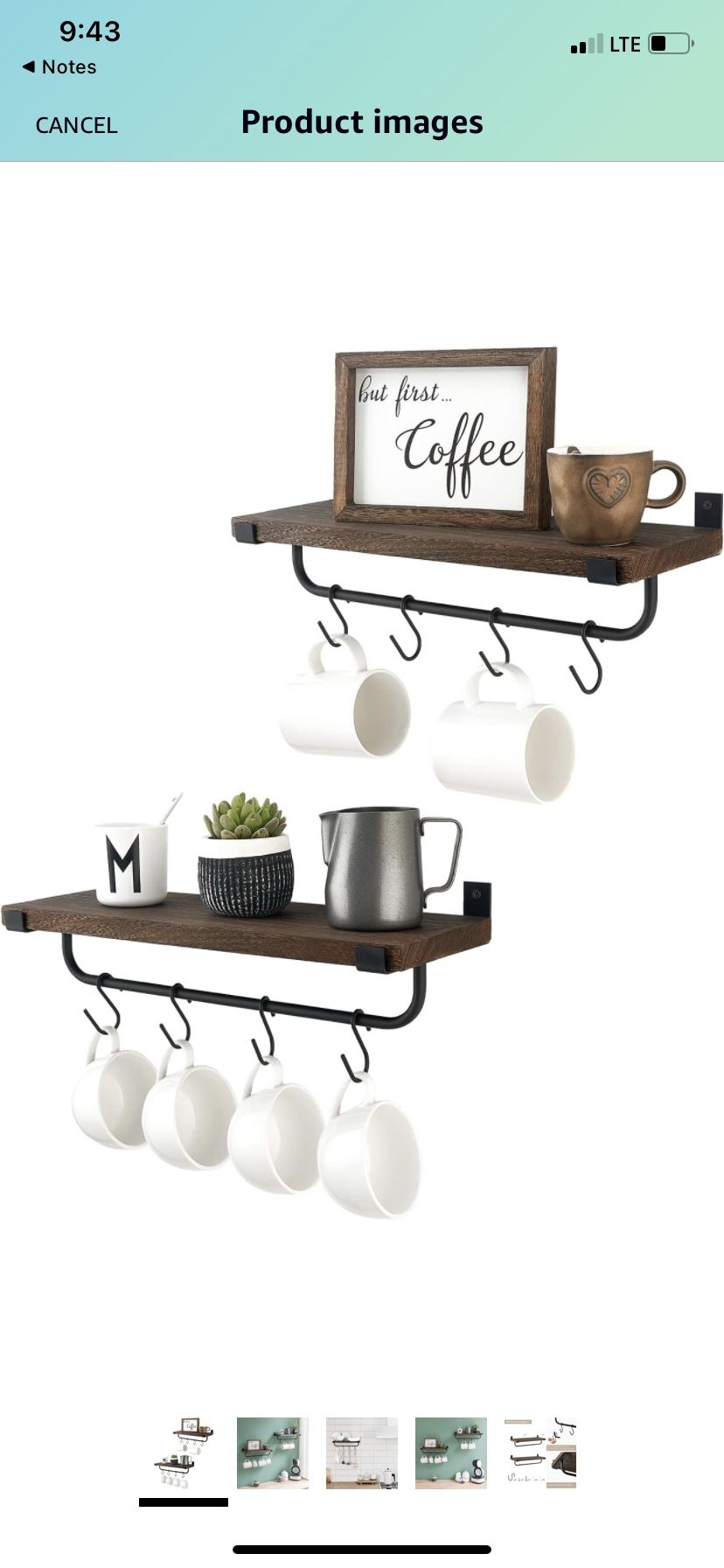 Mkono Mug Holder Wall Mounted Coffee Mug Rack Set of 2 Rustic Floating Shelf for Coffee Bar