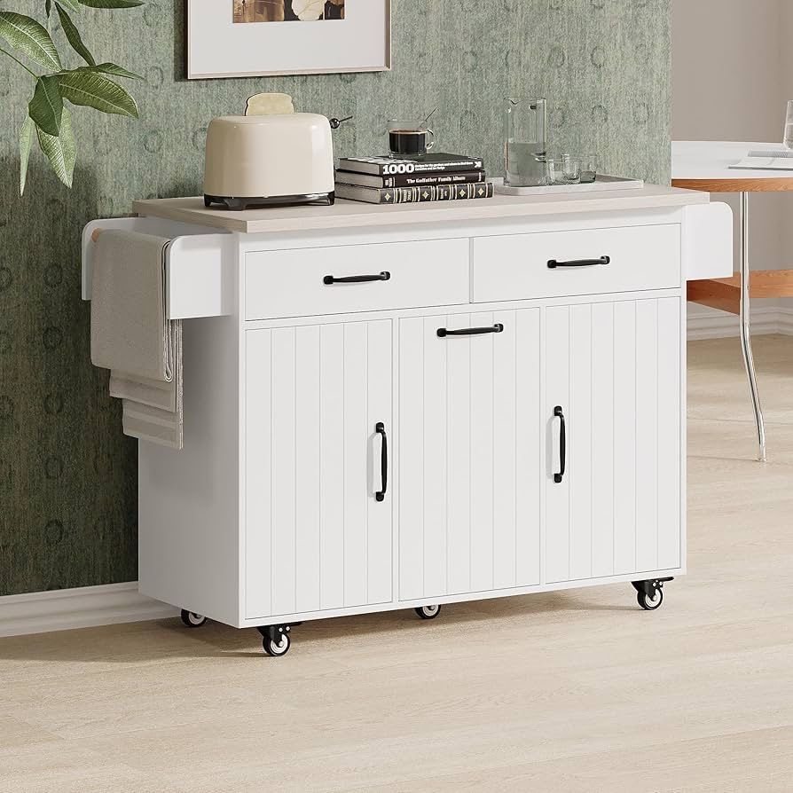 Kitchen Island with Trash Can Storage Cabinet, Rolling Kitchen Cart on Wheels with Drop Leaf, Spice Rack, Towel Rack and Adjustable Shelf for Dining R