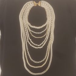 Beautiful Vintage Trifari Multi Strand Chain Necklace Gold Tone White Enamel