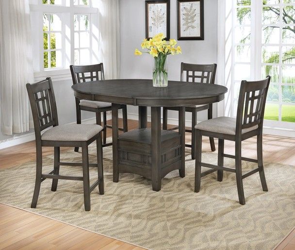 Oval Counter Height Pedestal Table Grey Wood Finish Dining Chair Table Set