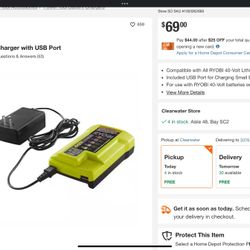 RYOBI 40V Lithium-Ion Charger with USB Port
