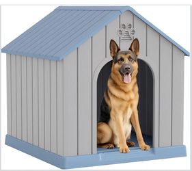 Large Dog House Outdoor Indoor for Medium Large Dogs, Sturdy Plastic Waterproof Doghouse with Air Vents and Elevated Floor, Easy Clean and Assemble (B