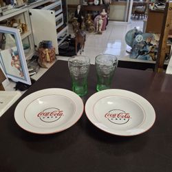 4 PC Set Collectible Coca-Cola Retro Kitchen, 2-9" Coca-Cola Cafe Serving Bowls & 2-15 OZ Green Glass Coca-Cola Glasses