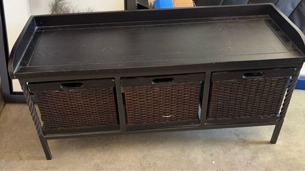 Dark Wood Storage Bench with 3 Wicker Baskets