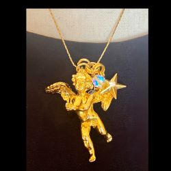 Vintage Kirks Folly Gold-Tone Cherub Angel Necklace Crystal & Star Charms
