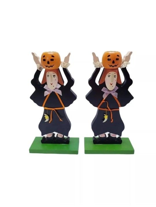 Fall Autumm Witches Wooden Candle Holders Set of 2 Halloween 10" H Vintage
