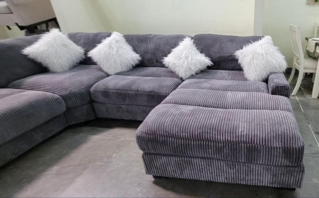 ✅️✅️4 pc grey wide welt cordury fabric upholstered modular sectional sofa with chaise✅️
