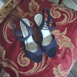 Navy Blue Suede Wedge Sandals
