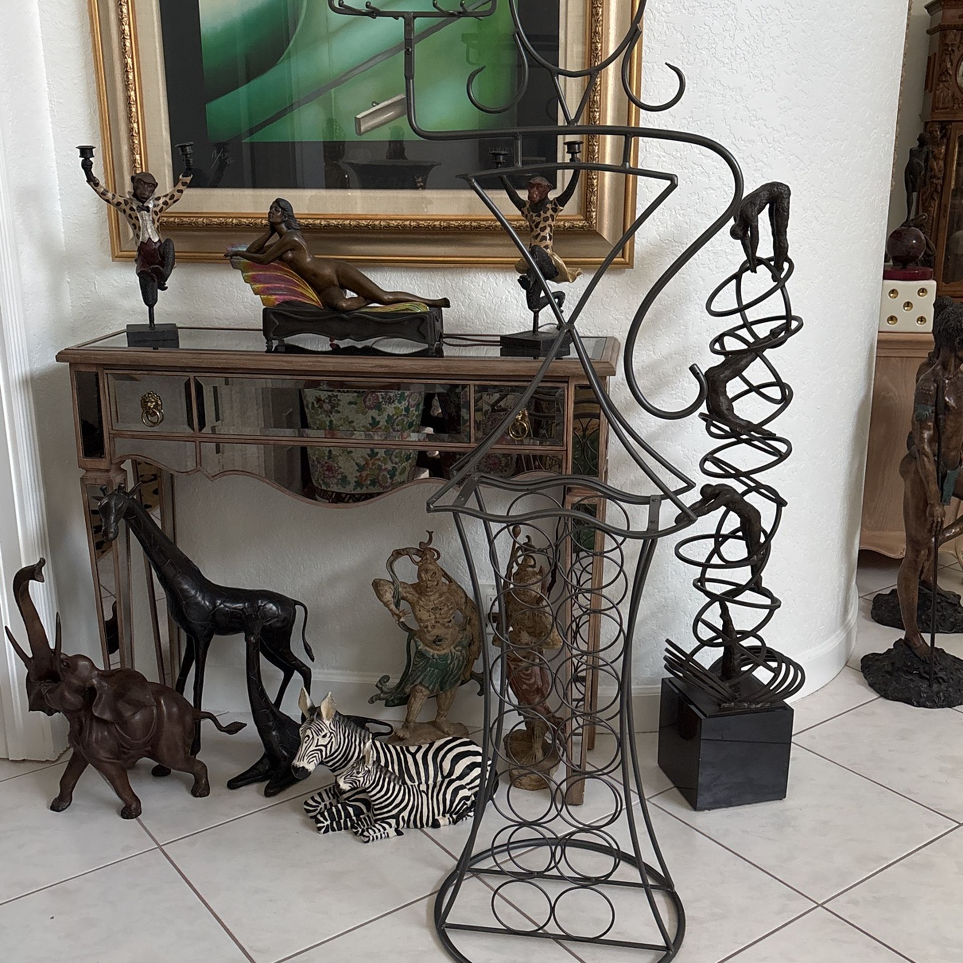 JOHN RISLEY 63” LADY 18 BOTTLE WINE HOLDER BAR CART RACK. MCM Art Deco Look. Fabulous Conversation Piece. 1 Of A Kind Floor Art Statue!