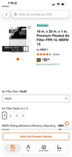 HVAC air filter 16x25x1
