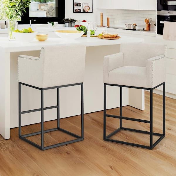 30 in. Linen Modern Linen Upholstered Bar Stool Square Metal Frame Counter Height Bar Stool (Set of 2)