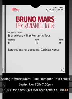 2 Bruno Mars The Romantic Tour tickets for sale