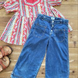 SIZE 9-10 2-PIECE OUTFIT VINTAGE BABYDOLL TUNIC W/WIDE-LEG CHAMBRAY CAPRIS