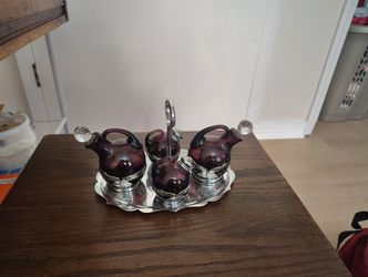1924 Vintage Amethyst Cambridge Glass Krome Salt, Pepper, Oil,& Vinegar Collection
