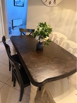 Real wood table and  miss match chairs with extender to add to make longer table