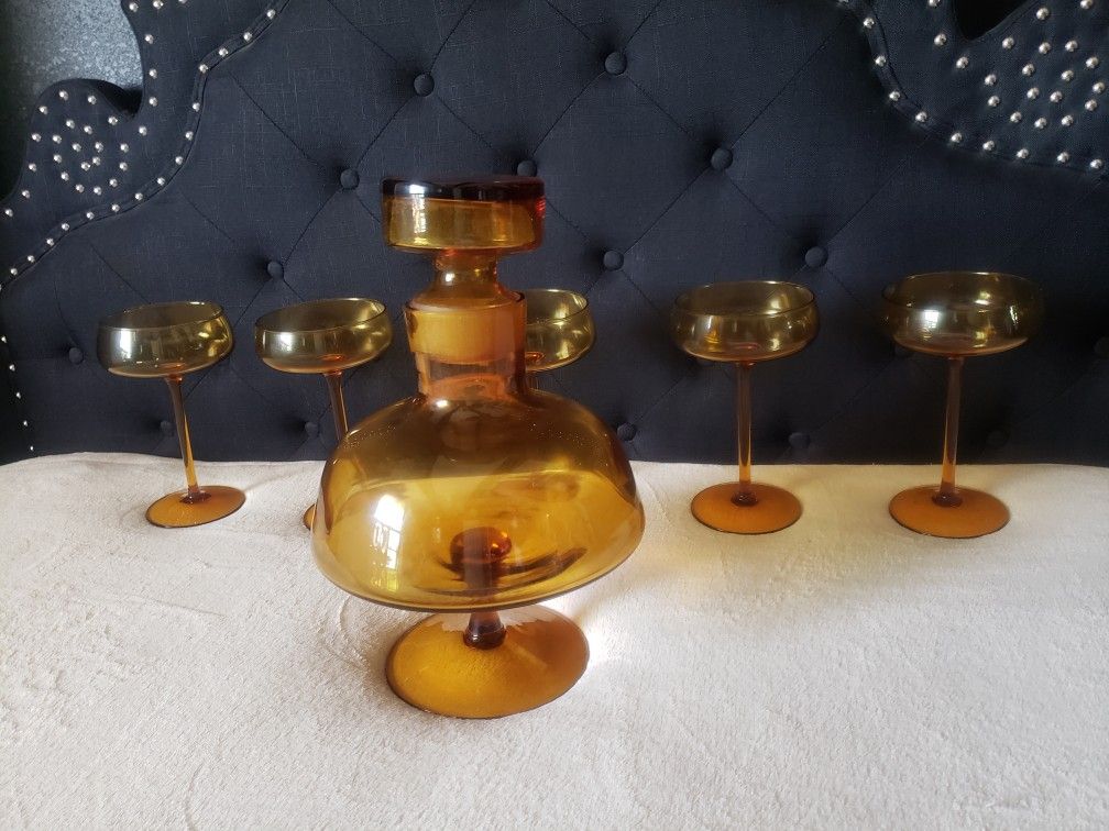 Vintage Blenko Amber Glass Decanter with 5 glass cups