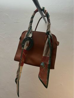 Brown Leather Structured Handbag with Scarf