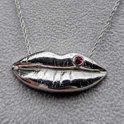  VERSTOLO .925 Sterling Silver Lips Necklace W/Genuine Ruby Inlay, ARV $1500