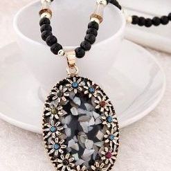 Seashell Fragments Inlaid Multi Color Rhinestones Flowers Rimmed Rectangular Water Drop Black Beads Pendent Necklace