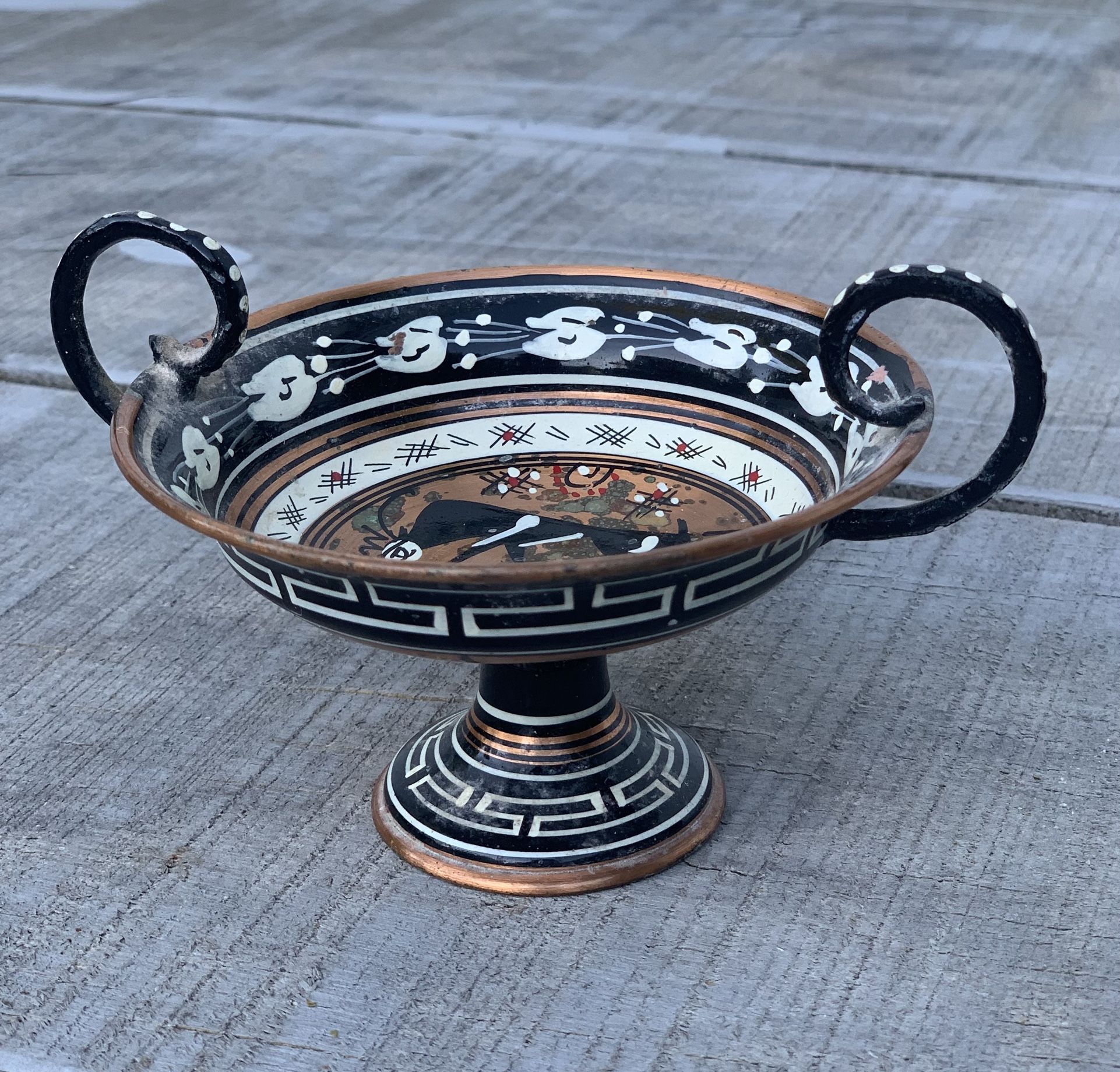 Vintage Late 20th Century Copper Enamel Greek Antelope Footed Bowl With Handles