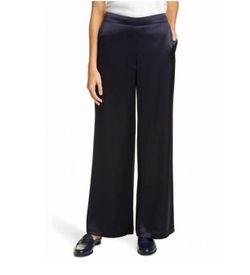 Lafayette 148 New York Silk Elastic Women's Dark Navy Wide Leg Silk Dress Pants