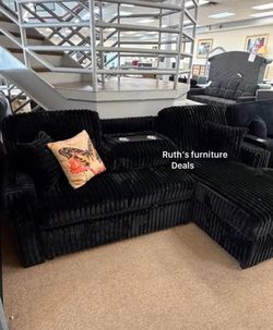 Sectionals Sofa pull-out bed, sleeper couch black,grey fur-like jumbo corduroy