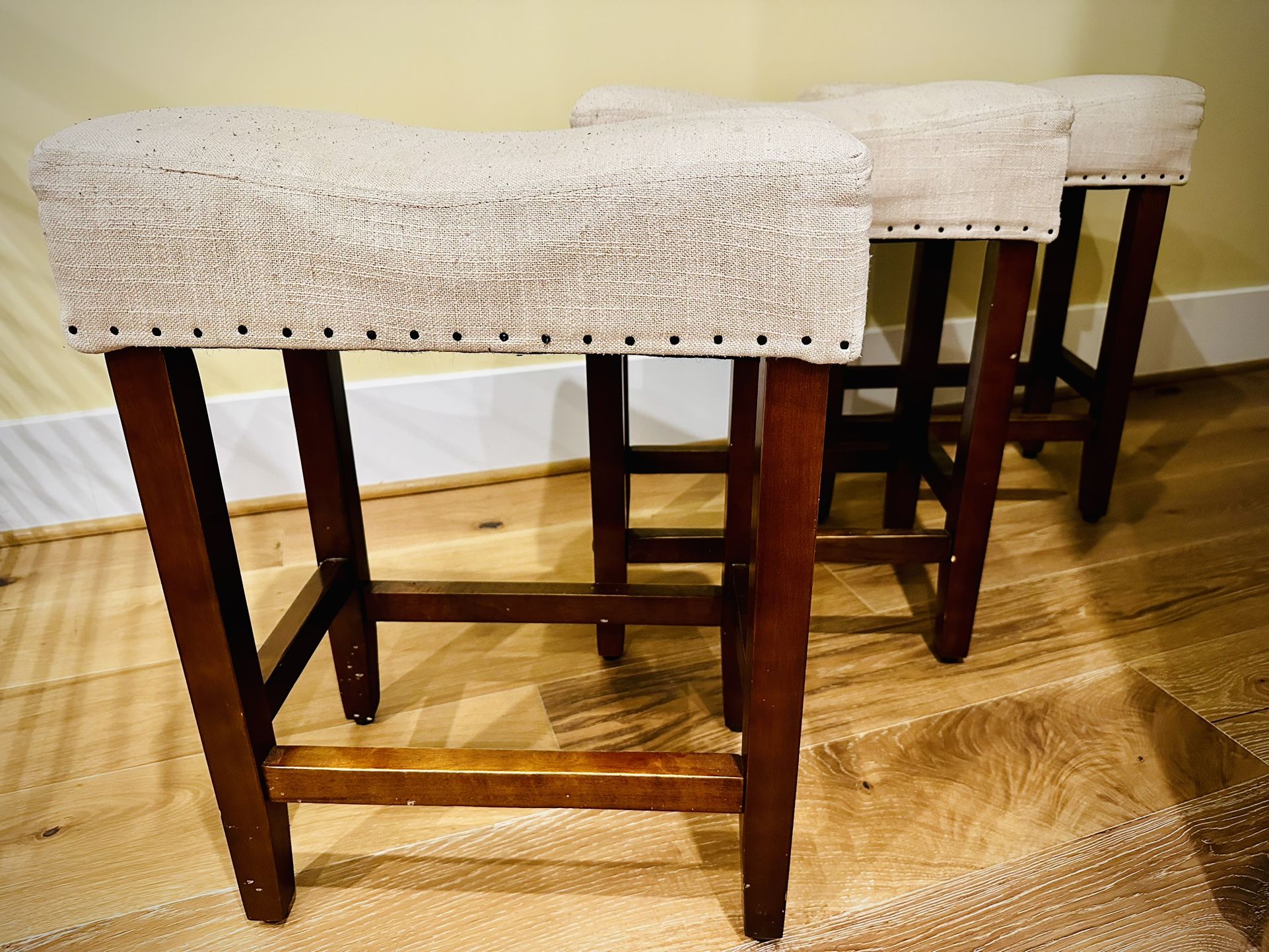 Set of 3 Bar Stools - Linen Cushioned Seats & Wooden Legs