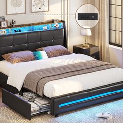 Black Queen Bed Frame W/ Led Lights And Drawers 
