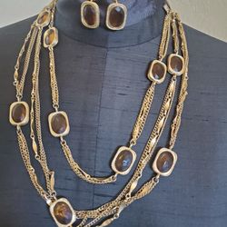 Sarah Conventry Vintage 2 Necklaces / Earrings  Jewelery Gold Tone Amber Stones