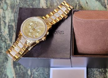MICHAEL KORS BRYNN LADIES WATCH GOLD TONE CRYSTAL BEZEL & BRACELET CHRONO 250810