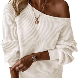 Large size Women's Off Shoulder Ribbed Sweater, Turquoise Blue, Long Sleeve, Casual Knit Pullover Top