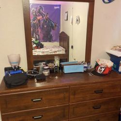 Twin bed frame and dresser with mirror