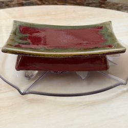 Vintage Medium Burgundy Footed Ceramic Serving Platter Rectangular Sushi Appetizer Tray 9”