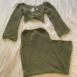 Crochet 2-Piece Cropped Long Sleeve & Skirt  