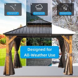 12'x12' Hardtop Gazebo, Outdoor Cedar Wood Frame Canopy with Galvanized Steel Double Roof, Outdoor Permanent Metal Pavilion with Curtains and Netting 