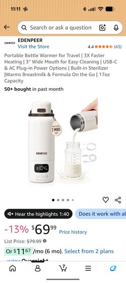 Portable bottle warmer for breastmilk and formula