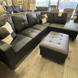 Black Leather Sectional With Storage Ottoman 