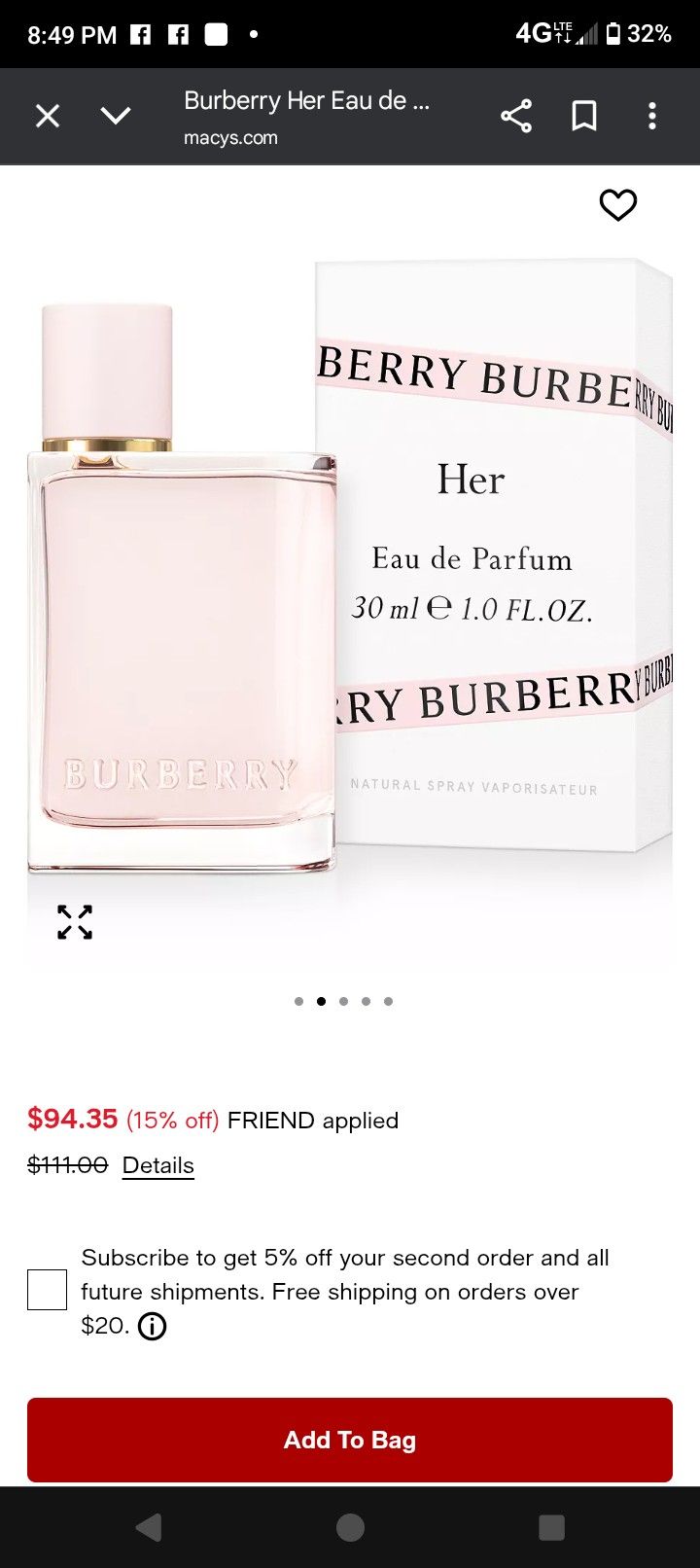 BURBERRY FOR HER PERFUME 1 OZ BOTTLE