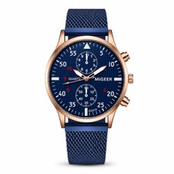 Mens Blue Dial Chronograph Quartz Watch Rose Gold Case Mesh Band Luxury Watch