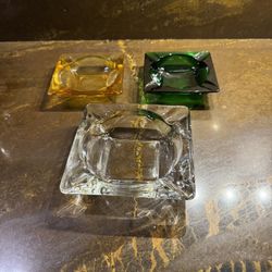 Vintage Ashtray Lot 3 Square Green Amber Clear Glass 1970's Collectibles