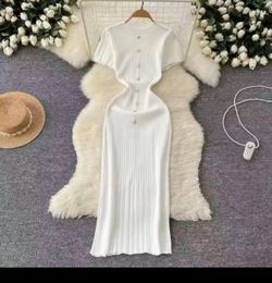 Elegant White Ribbed Knit Sweater Dress - Pearl Button Midi Dress