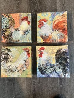 4 Rooster Pictures By Susan Winget 8”x8” Each