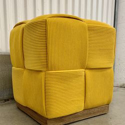 Mustard yellow corduroy weave w/ wood base ottoman stool
