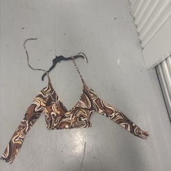 SHEIN Brown Abstract Swirl V-Neck Cut-Out Tie Back Crop Top Long Sleeve L